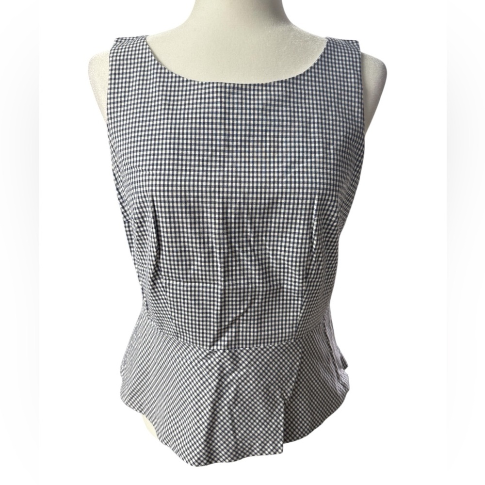 Talbots womens 4 Sleeveless Peplum Top navy white gingham cotton jewel neckline